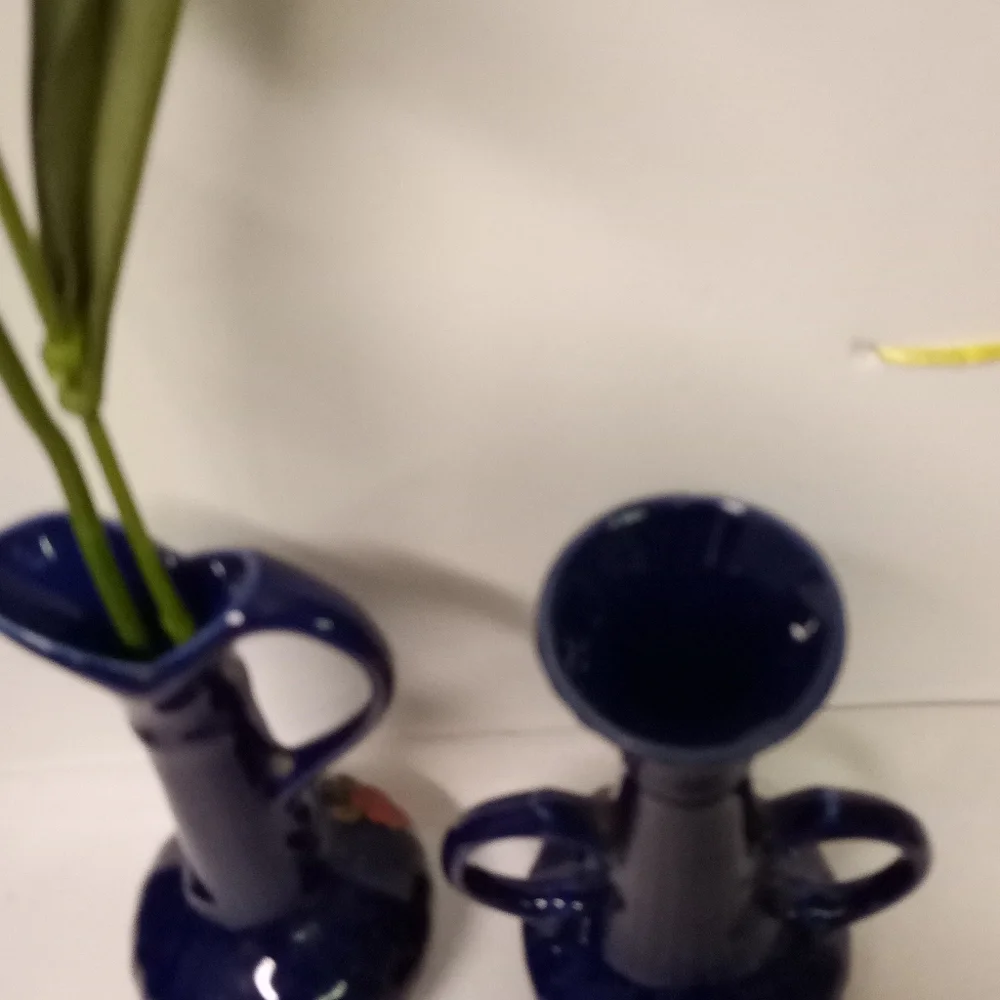 Vintage Cobalt Blue Pitcher Budding Vase Mini C-Handles Floral Pattern 5